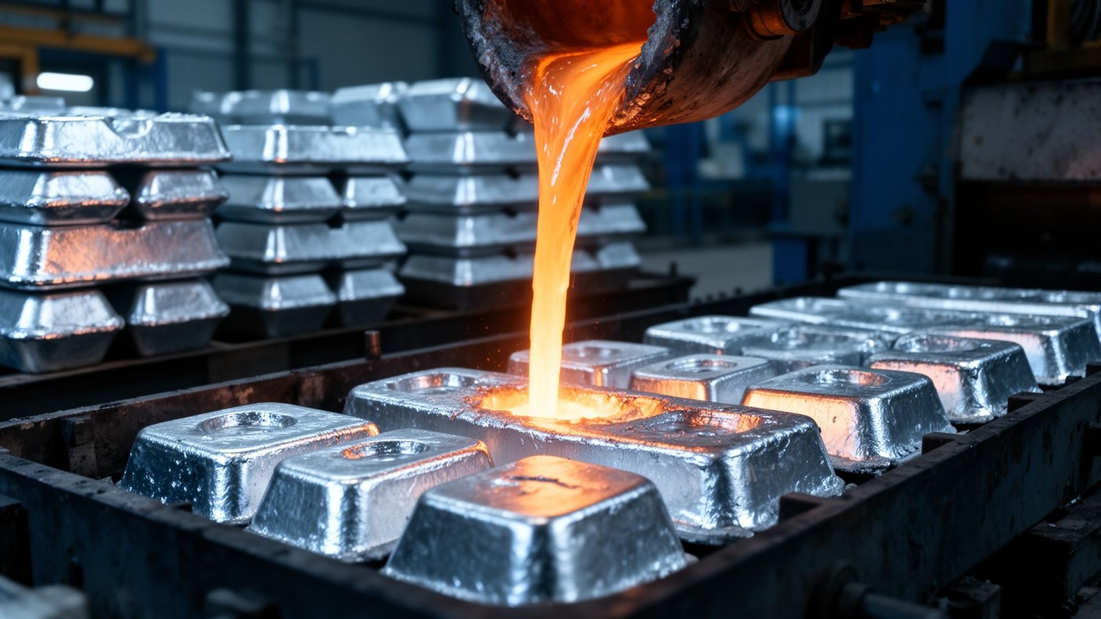 Molten zinc being poured into ingot moulds